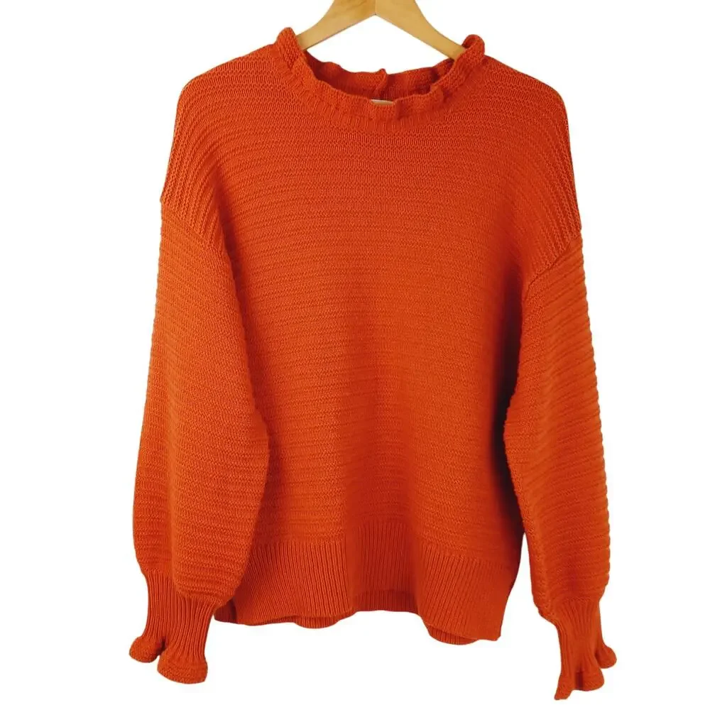 Madewell SZ L Ruffle-Neck Pullover Sweater in Cotton-Merino Yarn Color: Knit Red - Picture 2 of 5